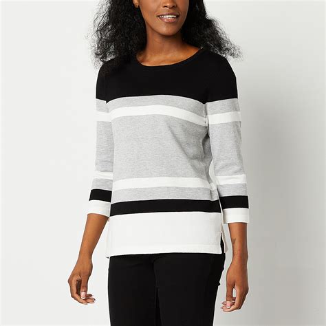 Liz Claiborne Womens Crew Neck 3/4 Sleeve Striped Pullover Sweater ...