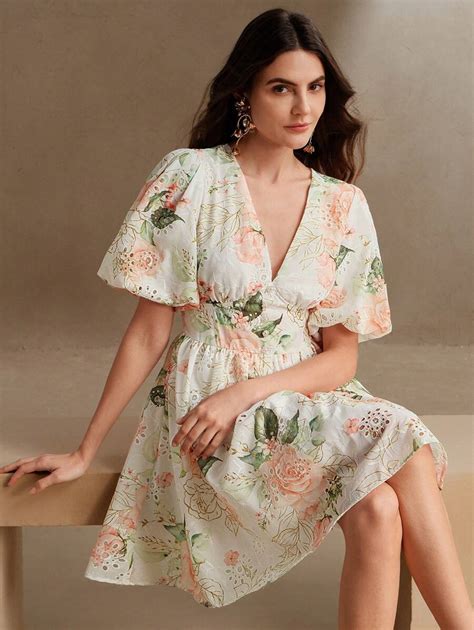 Anewsta Women's Elegant Embroidered Rose Floral V-Neck Dress, Boho ...