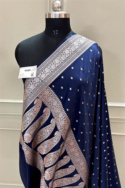 Navy Blue Chitrani Buti Katan Silk Banarasi Saree – Mohsin Textiles