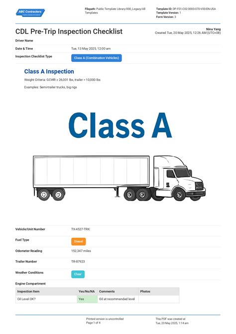 CDL Pre-Trip Inspection Checklist Template and Free PDF