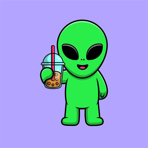 lindo alienígena sosteniendo boba leche té dibujos animados vector ...