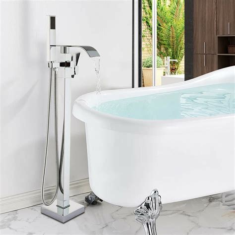 Chrome Floor Mounted Bathtub Faucet Free Standing Tub Filler W/Hand ...
