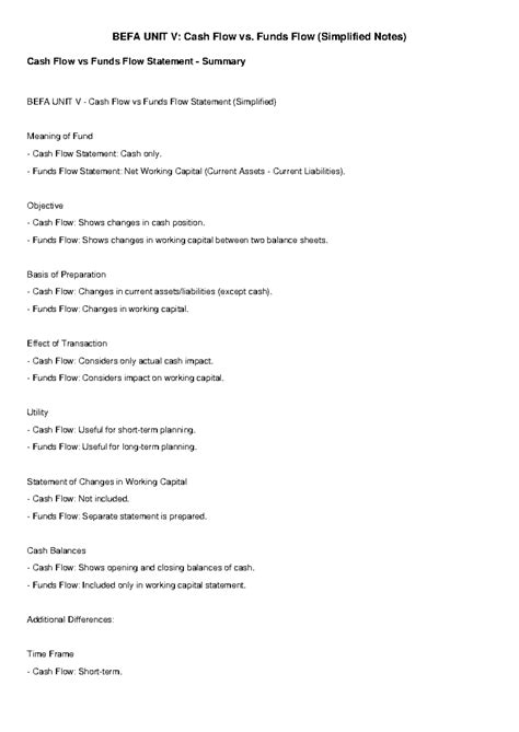 BEFA UNIT V: Cash Flow vs. Funds Flow Summary Notes - Studocu