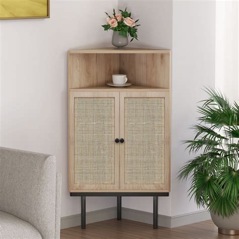 Buy 39 Inch 4-Tier Corner Cabinet with Two Handmade Natural Rattan ...
