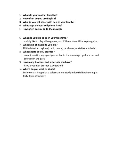 English - actividad 1 de inglés - 1. What do your mother look like? 2. How often do you use ...