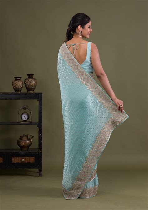 Buy Sky Blue Stonework Satin Saree - Koskii