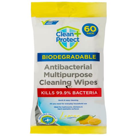 Clean Protect Biodegradable Antibacterial Multipurpose Cleaning Wipes 60pk - Lemon | B&M