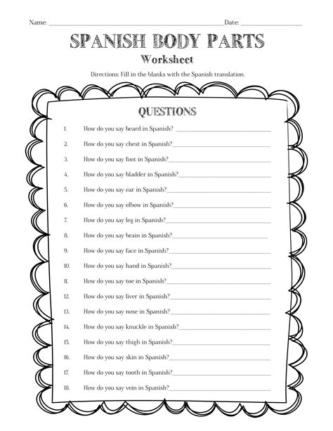 Spanish Body Parts Worksheet Packet - Worksheets Library