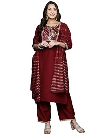 Buy INDO ERA Women's Straight Cotton Blend Embroidered Kurta with Pant ...