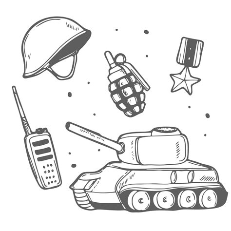 Military and War elements in vector. Army set. Traditional Doodle Drawn ...