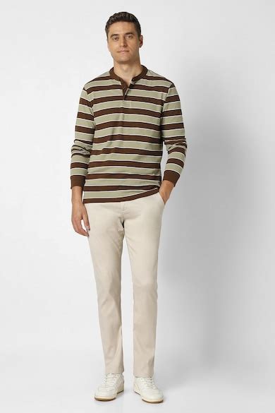 Buy Men Olive Stripe Henley Neck T-shirt Online - 40090775 | Peter England