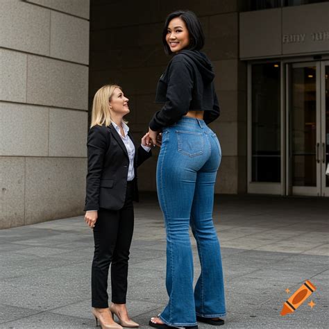 A very tall woman in flared jeans and a hoodie stands next to a shorter ...