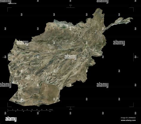 Shape of a high resolution satellite map of the Afghanistan, with distance scale and map border ...