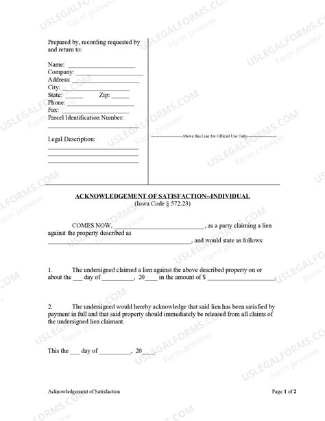 Iowa Acknowledgment of Satisfaction for Individual | US Legal Forms