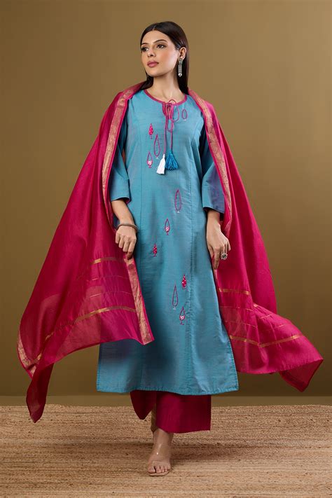 Straight Kurta Dori And Tassel In Kashmir Blue Silk Slub Pink Silk ...