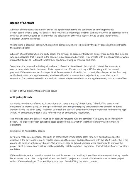 Breach of contract - Notes on business law - Breach of Contract A ...