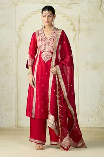 Buy Red Tussar, Linen, Satin, Organza Embroidery, Zari, Kurta Palazzo ...
