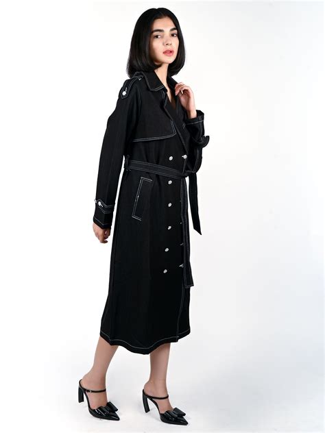 Odette Black Soft Denim Solid Overcoat For Women