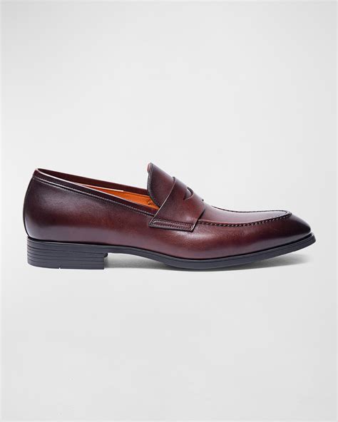 Santoni Men's Door Burnished Leather Penny Loafers | Neiman Marcus