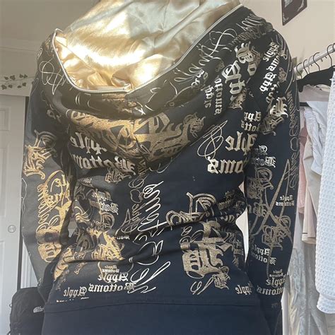 Apple Bottoms black and gold graphic jacket -M (fits... - Depop