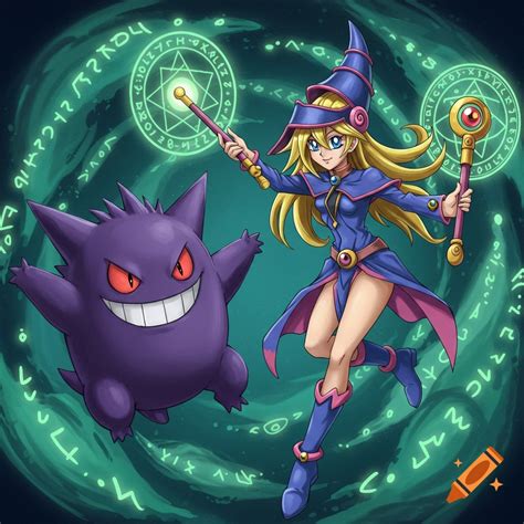A colorful anime-style illustration of Dark Magician Girl and Gengar ...