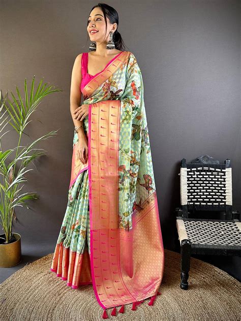 Mint Green Paithani Kora Silk Saree Online Vastranand