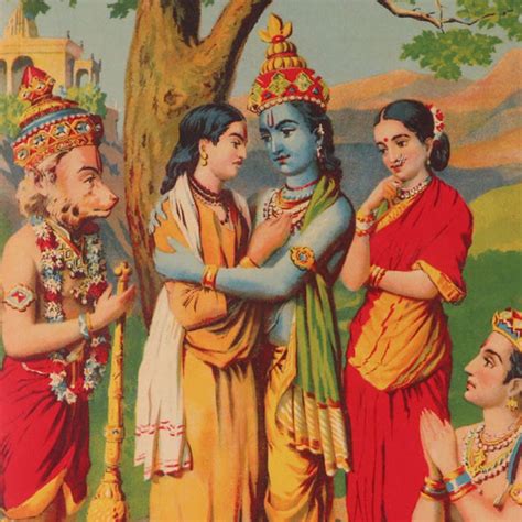 Rare Paper Print of Hindu Gods Scene of Bharat Milap