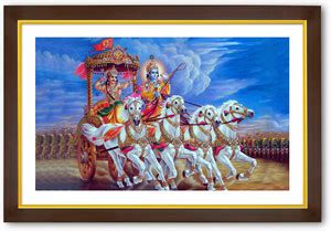 Gold Outlined Wood Framed Krishna Arjun Fine Art Print - Religious ...