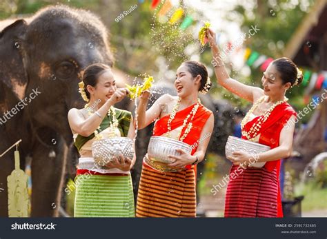Asian People Wearing Thai Dress Traditional Stock Photo 2591732485 ...