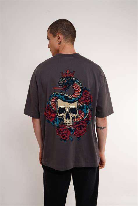 Shop Skull & Snake Dark Grey Printed Baggy T-Shirt For Men