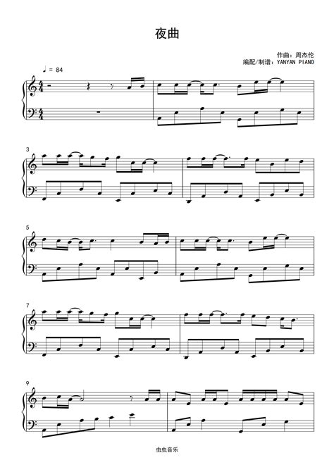 C调-周杰伦-夜曲（简易弹唱版-科威制谱）钢琴谱-虫虫钢琴