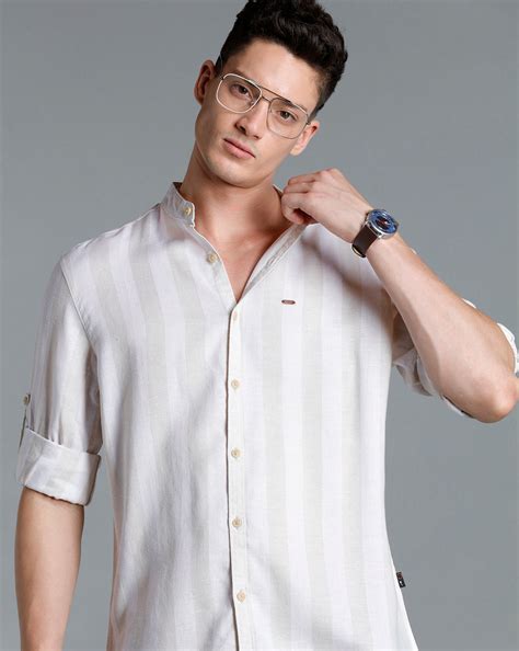 IDENTITI Men Slim Fit Mandarin Collar Striped Shirt In Beige