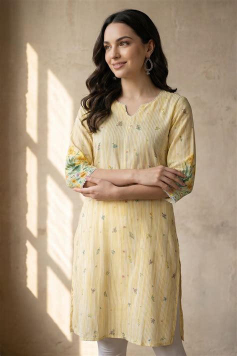 Buy Yellow Floral Printed Pure Cotton Straight Kurta Online for Woman ...