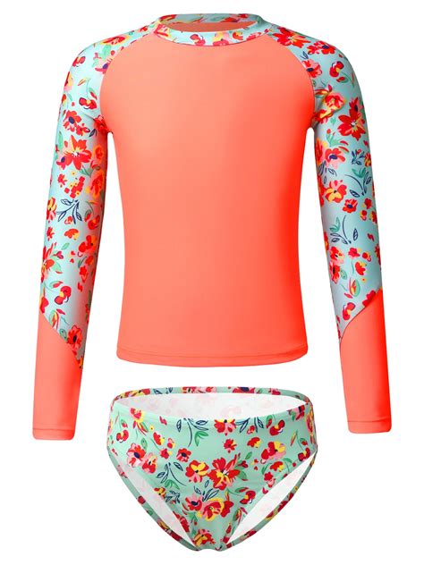 iEFiEL Girls Printed Swimwear Rashguard Set Long Sleeve Swim Tops with ...