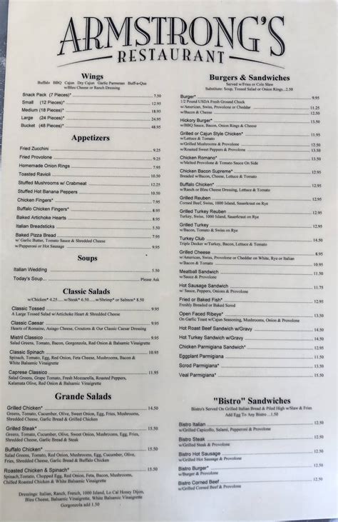 Menu at Armstrong's restaurant, Moon, Thorn Run Rd