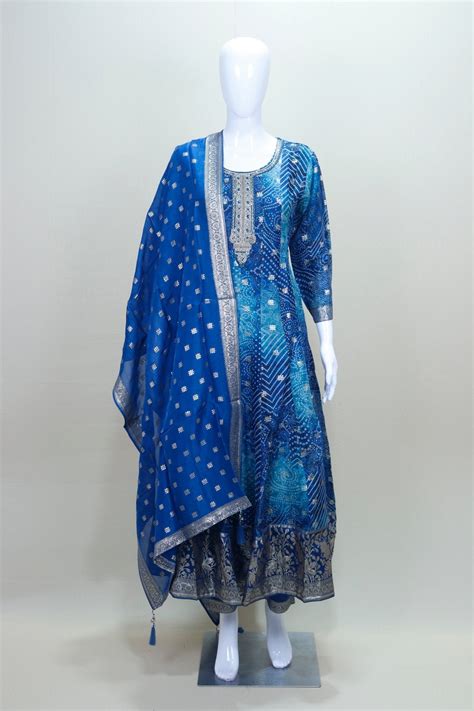 Royal Blue Bandhani Print Embroidered Anarkali Suit with Matching Dupa ...