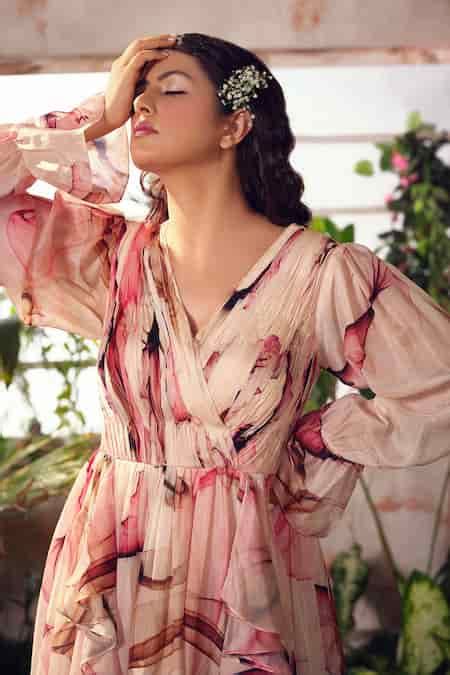 Buy Beige Habutai Silk Abstract V Neck Ruffle Gown For Women by Suruchi ...