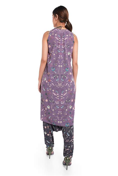 Eggplant Colour Printed Art Crepe High-Low Kurta with Black Colour Pri