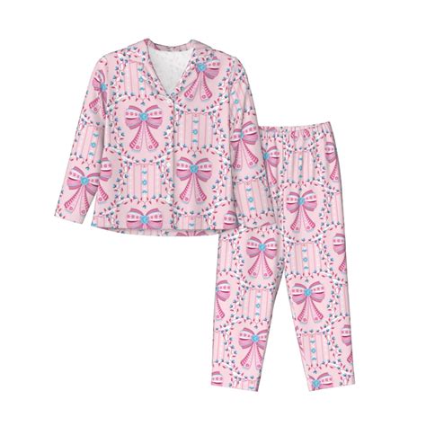 JUNZAN pink bows Print Womens Pajama Sets,Long Sleeve Button Down for ...