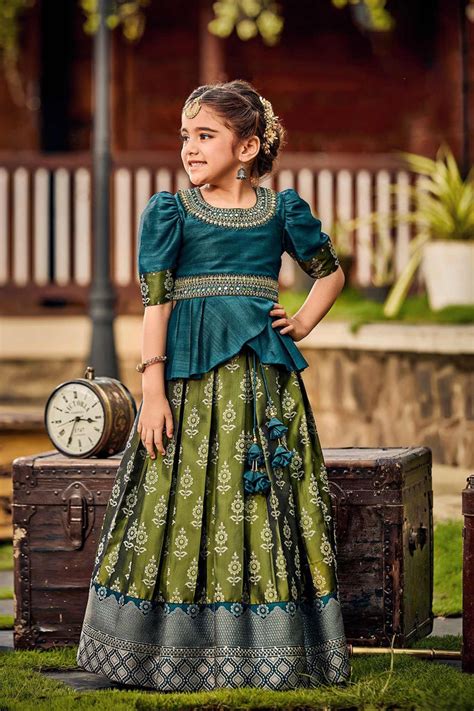 Teal blue and Green Pattu Pavadai For Girls – Lagorii Kids