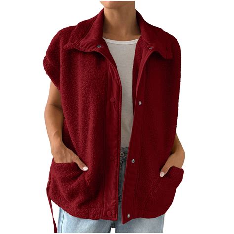 FNFHFY Womens Sherpa Vest Solid Stand Collar Fuzzy Fleece Vests ...