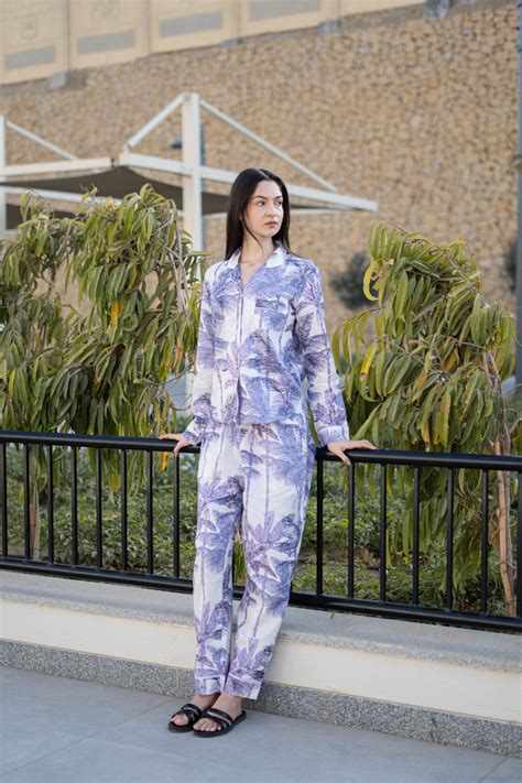Buy Off White Pure Cotton Printed Lapel Collar Night Suit For Women ...