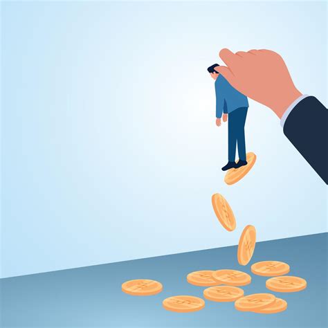 A man is raised by a big hand and coins fall scattered. Illustration ...