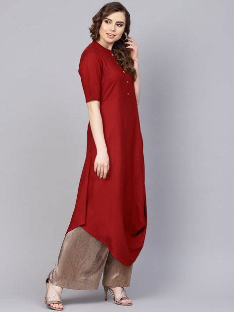 Rayon Half sleeves Maroon Cowl Kurta with front placket & Madarin Coll ...