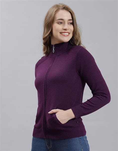 Buy Women Purple Solid Stand Collar Full Sleeve Cardigan Online in ...