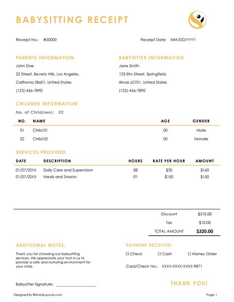 Free Babysitting (Nanny) Receipt Templates - WordLayouts