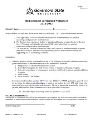 Fillable Online govst Homelessness Verification Worksheet 2012-2013 ...