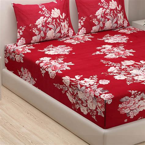 Buy SWAYAM Grand Opal Red Floral Print Cotton Double Bedsheet Set ...