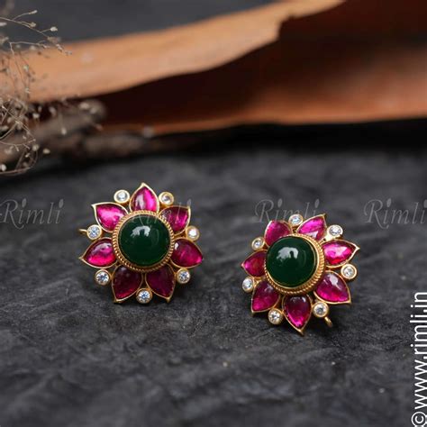 Meena Earstud | Floral Elegance with Red and Green Stones