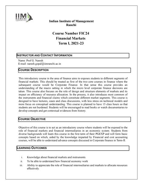 Course Outline Financial Markets 1 - Indian Institute of Management ...